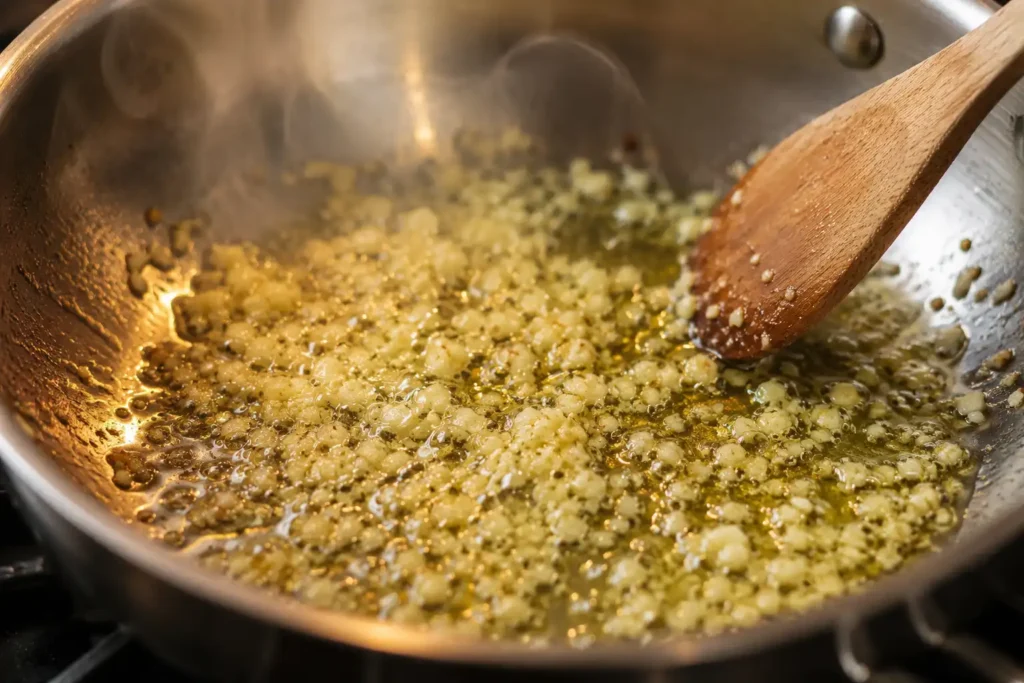 Gehackter Knoblauch brät in Olivenöl für Knoblauch Tomaten Pasta