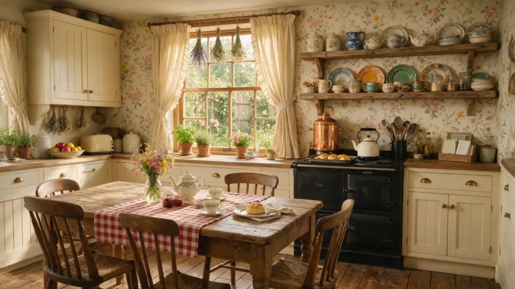 Gemütliche Cottagecore-Küche mit cremefarbenen Schränken und Blumentapete