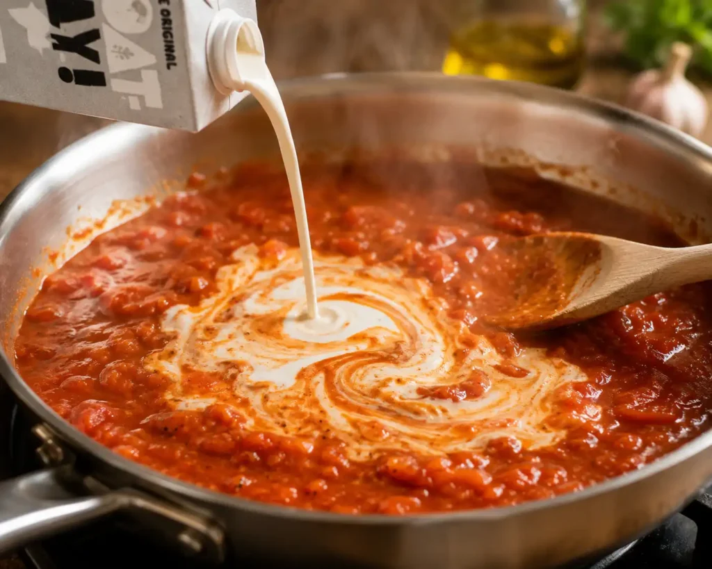 Hafercreme wird in Tomatensauce eingerührt für vegane Tomaten Pasta