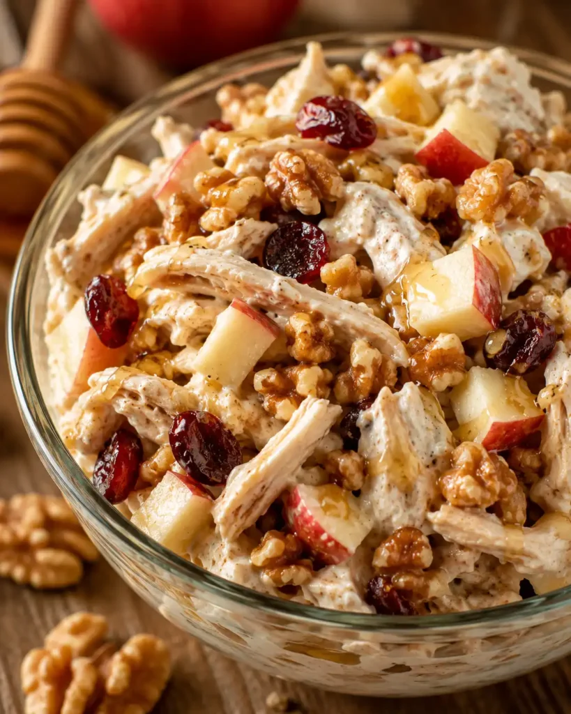 Honig-Apfel-Walnuss-Hähnchensalat mit gehackten Walnüssen, Apfelstücken und Honig-Drizzle