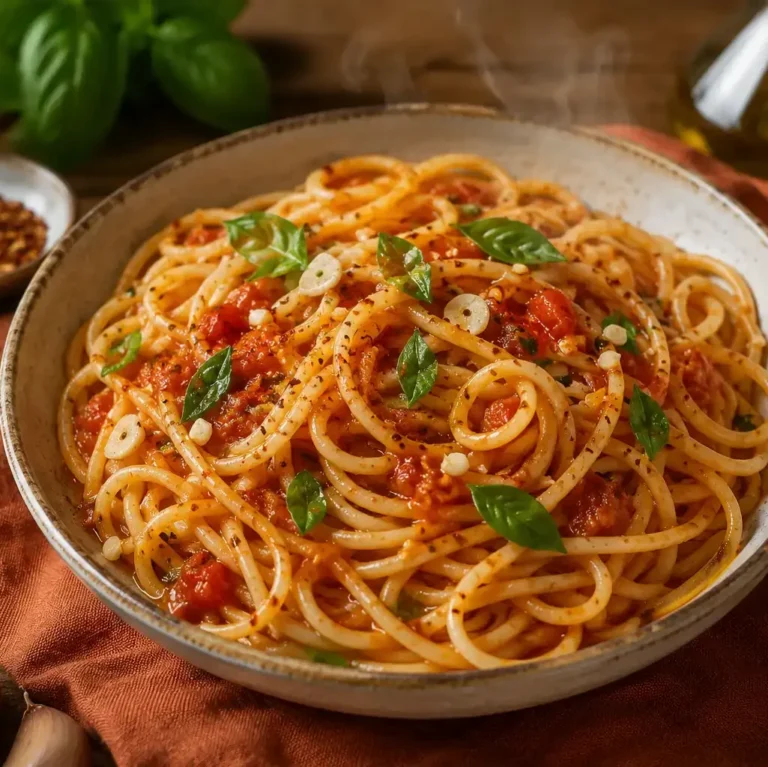 Knoblauch Tomaten Pasta in einer Schüssel mit Basilikum und Olivenöl