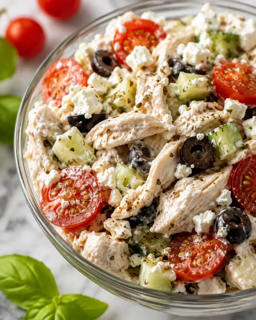 Mediterraner Hähnchensalat mit Gurke, Kirschtomaten, Feta und Oliven in griechischem Joghurt