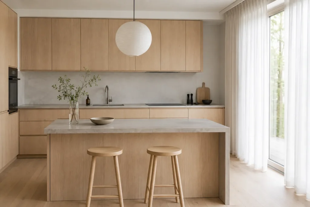 Minimalistische skandinavische Küche mit hellem Eichenholz und schlichter Pendelleuchte
