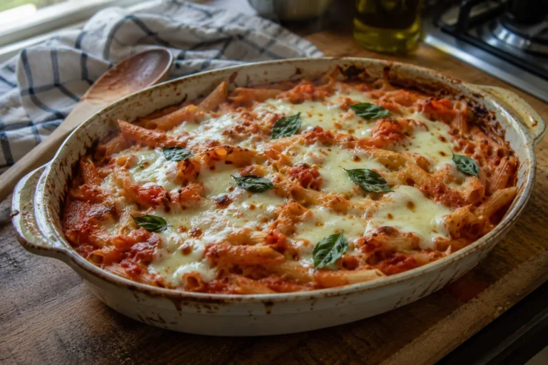 Mozzarella schmilzt über Tomaten Pasta in der Auflaufform