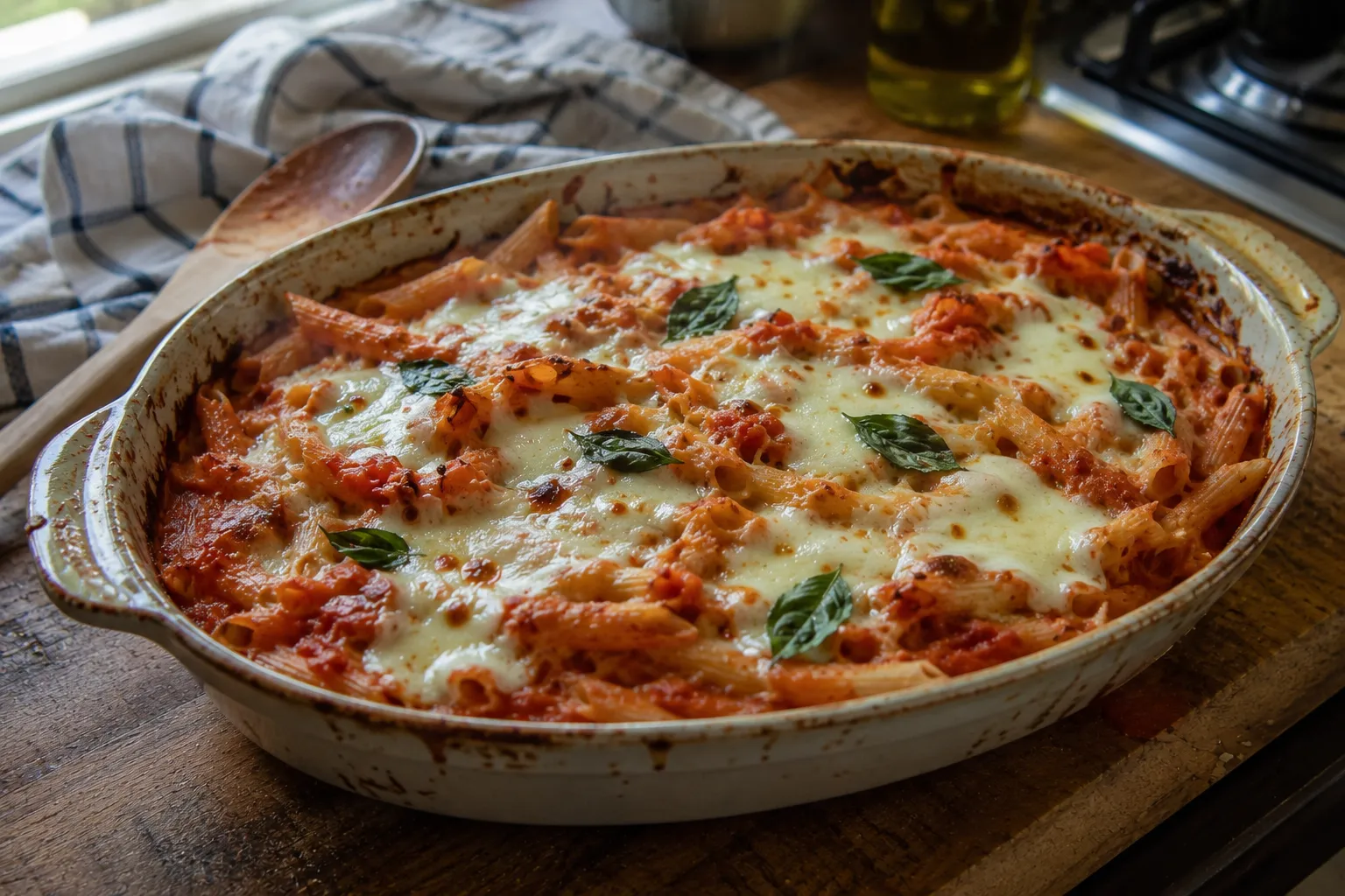 Mozzarella schmilzt über Tomaten Pasta in der Auflaufform