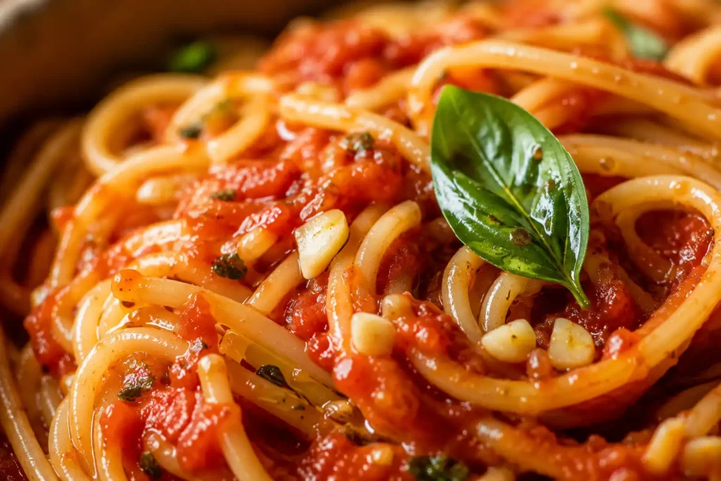 Nahaufnahme von Knoblauch Tomaten Pasta mit frischem Basilikum und Olivenöl