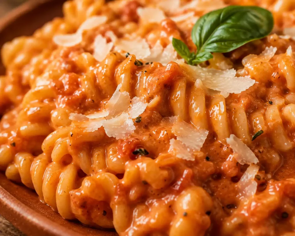Nahaufnahme von Tomaten Frischkäse Pasta mit geschmolzenem Parmesan und Basilikum