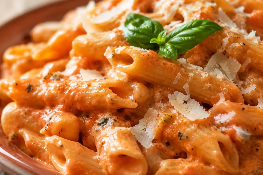Nahaufnahme von cremiger Tomaten Pasta mit reichlich Tomatensahnesauce, Parmesan und frischem Basilikum.