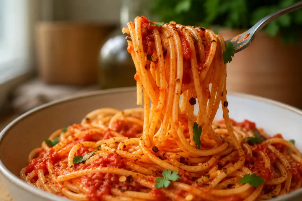 Nahaufnahme von scharfer Tomaten Pasta Arrabbiata mit Chiliflocken und Petersilie