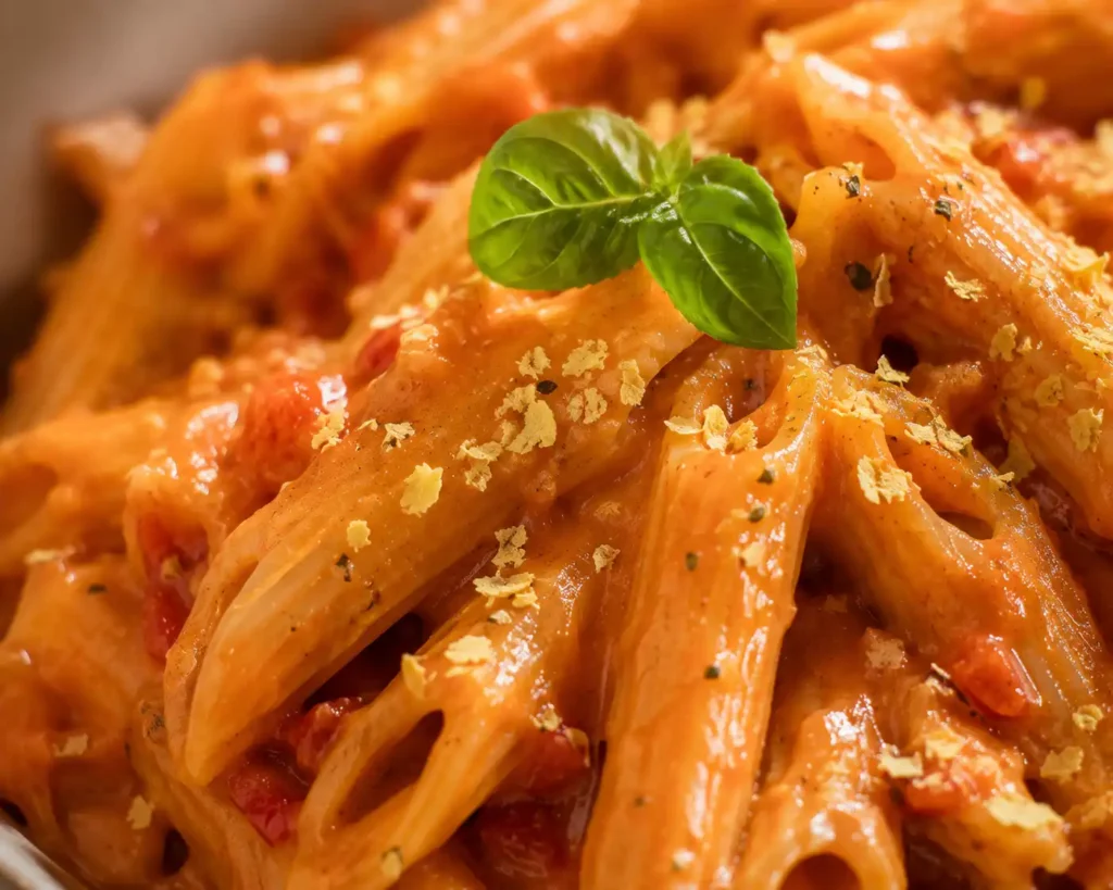 Hafercreme wird in Tomatensauce eingerührt für vegane Tomaten Pasta