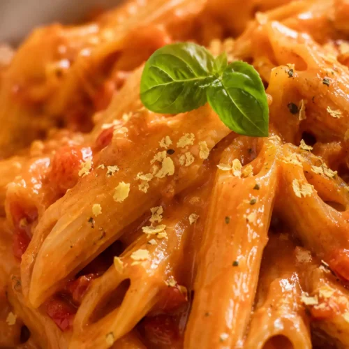 Nahaufnahme von veganer Tomaten Pasta mit Hefeflocken und Basilikumblatt