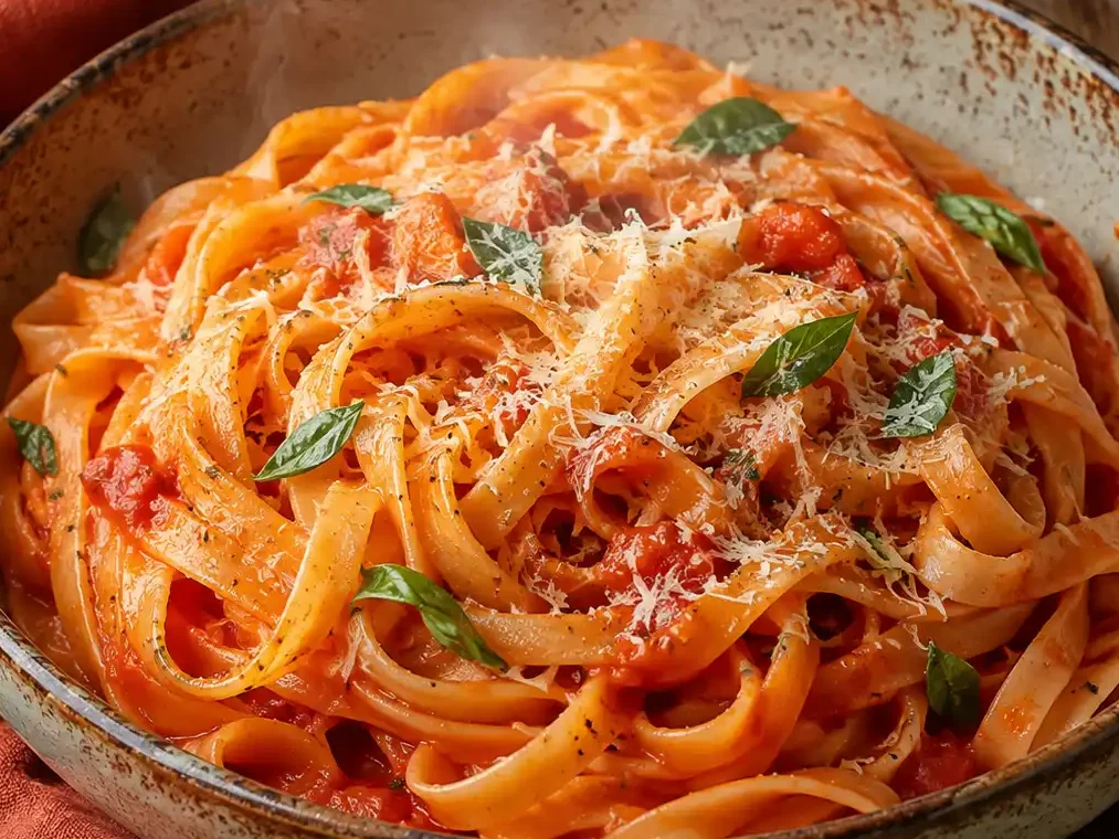 One Pot Tomaten Pasta in einer Schüssel mit Parmesan und frischem Basilikum
