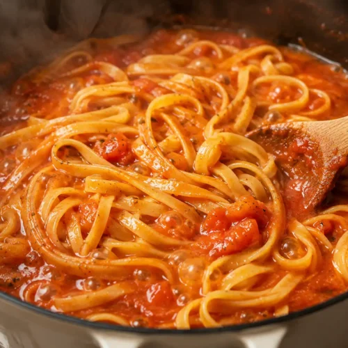 Pasta kocht direkt in Tomatensauce für One Pot Tomaten Pasta in einem Topf