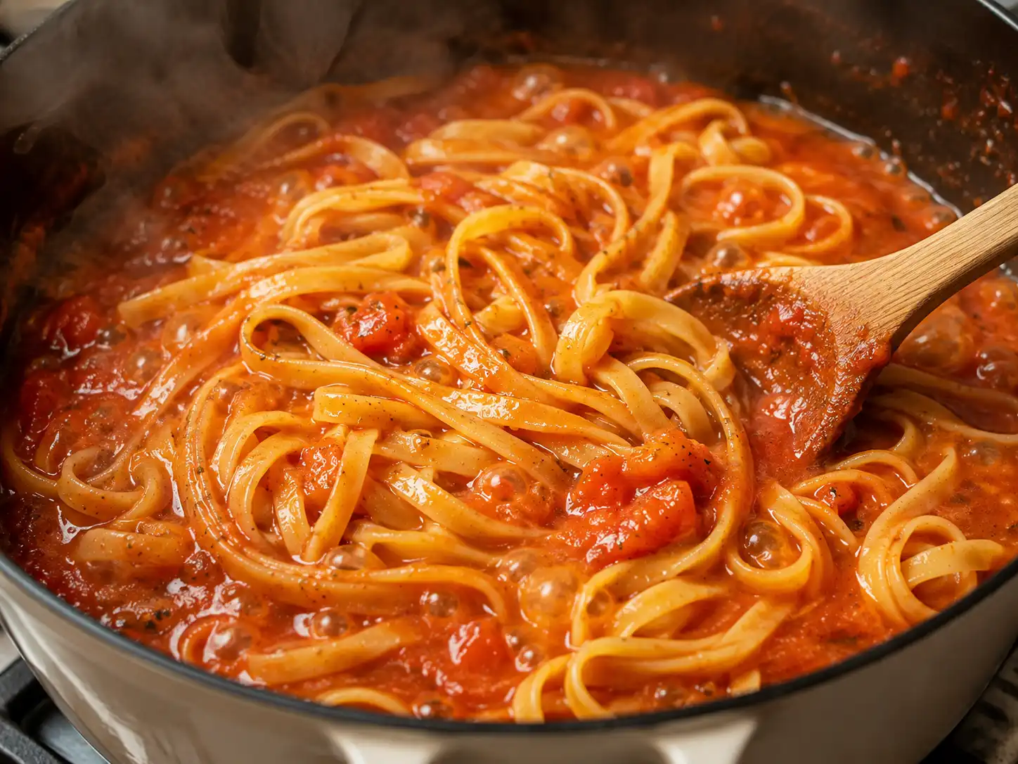 Pasta kocht direkt in Tomatensauce für One Pot Tomaten Pasta in einem Topf