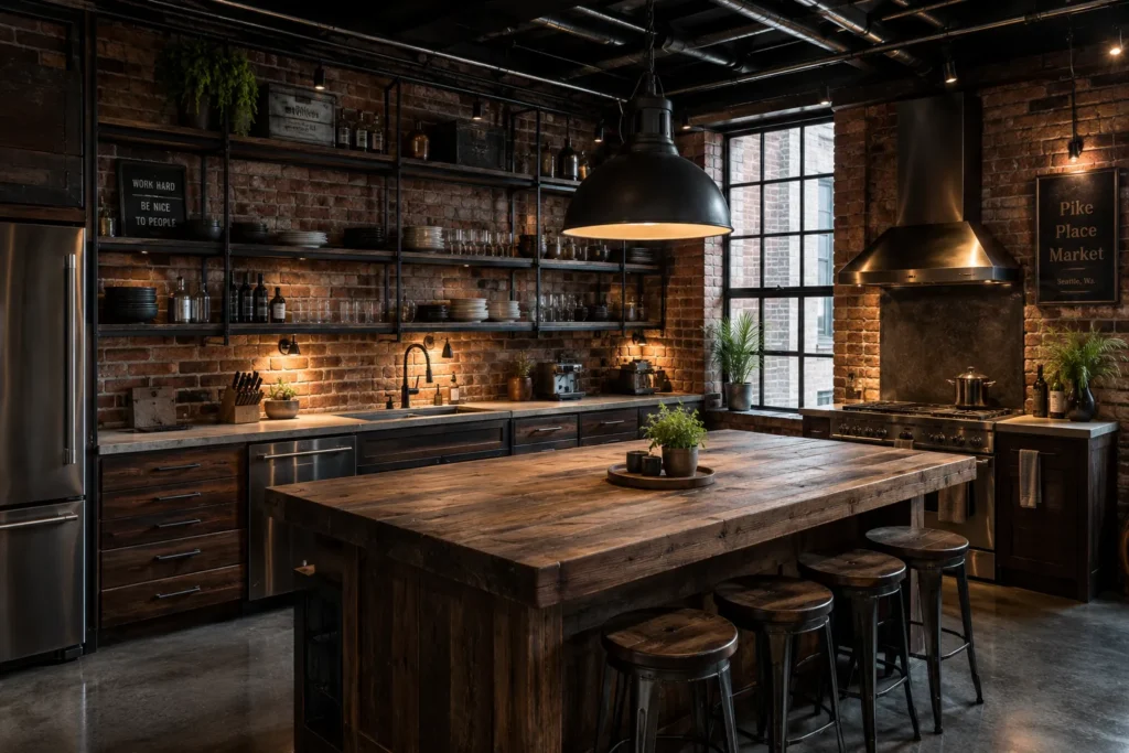 Rustikale Industrial-Loft-Küche mit Backsteinwand, offenen Metallregalen und Betonarbeitsplatte