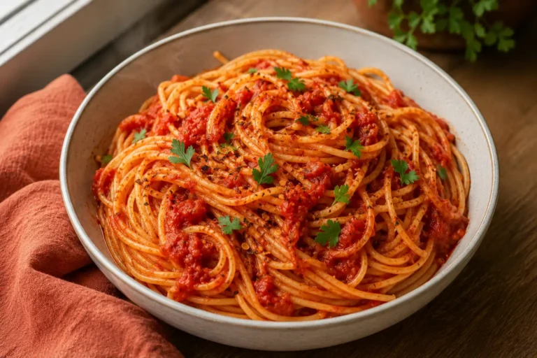 Scharfe Tomaten Pasta Arrabbiata in einer Schüssel mit Chiliflocken und Petersilie