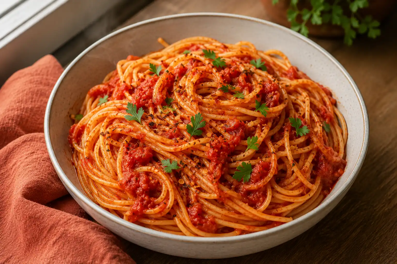 Scharfe Tomaten Pasta Arrabbiata in einer Schüssel mit Chiliflocken und Petersilie