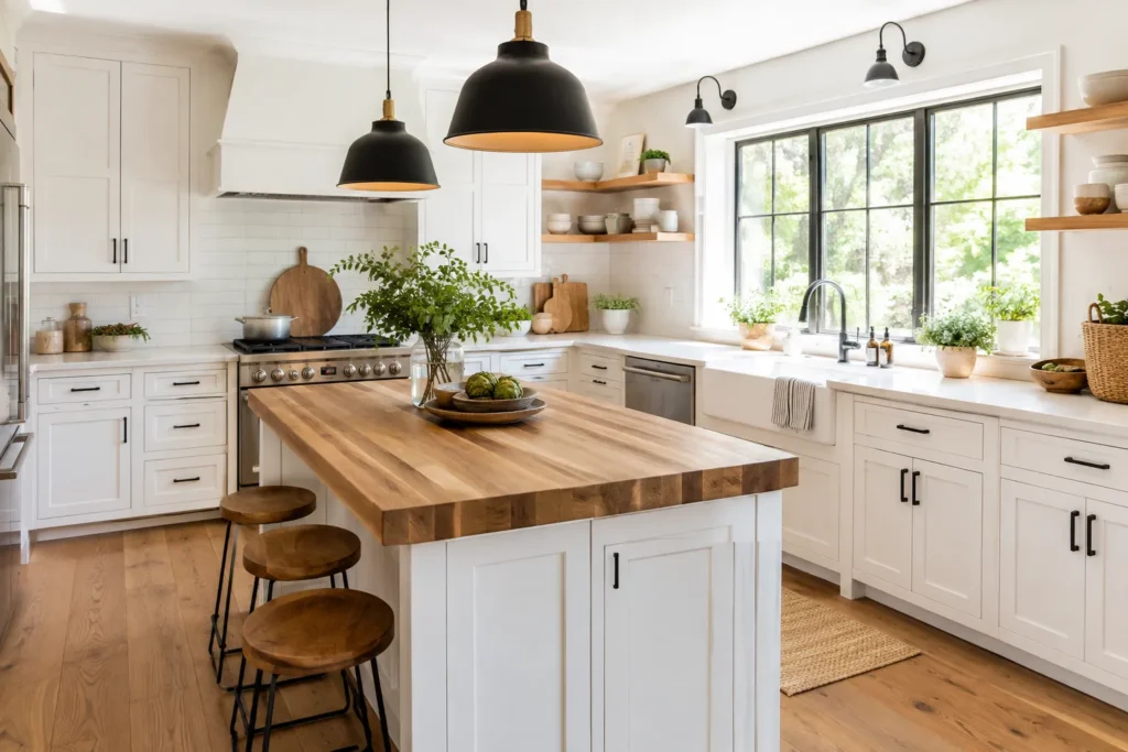 Helle moderne Landhausküche mit weißen Shaker-Schränken, Kochinsel aus Massivholz und Pendelleuchten