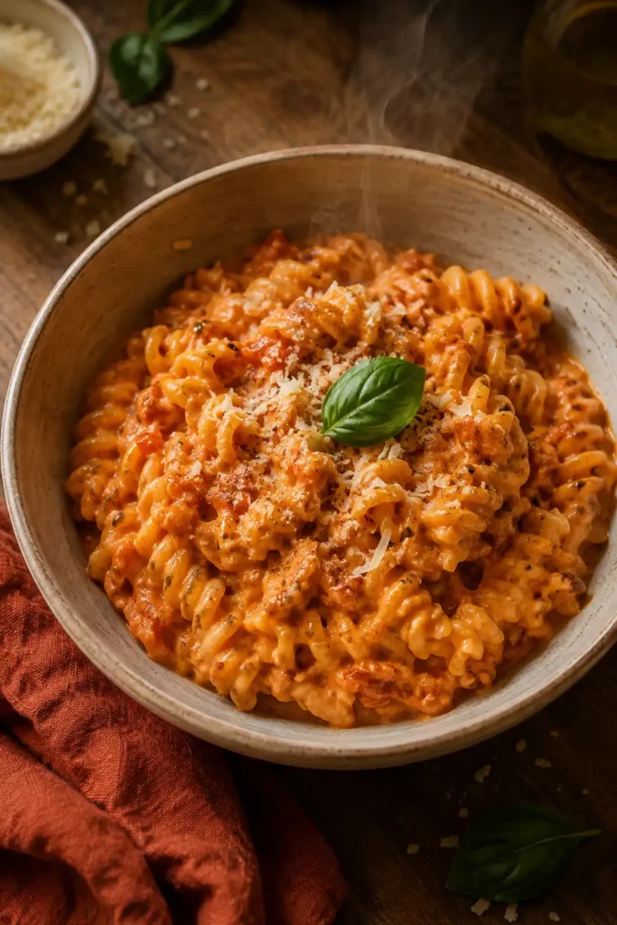 Tomaten Frischkäse Pasta in einer Schüssel, cremige Tomatensauce mit Penne und Parmesan