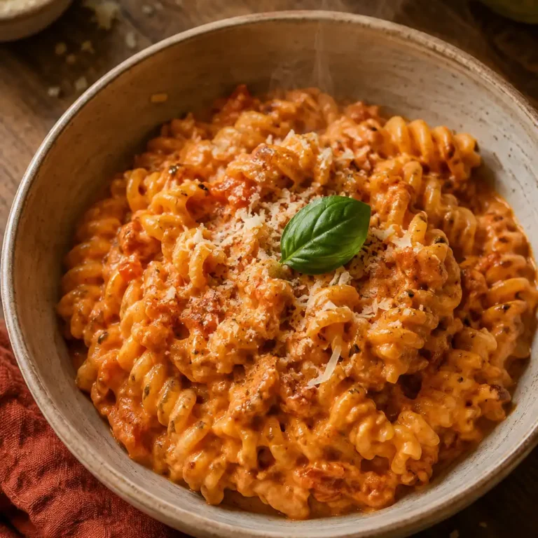 Tomaten Frischkäse Pasta in einer Schüssel, cremige Tomatensauce mit Penne und Parmesan