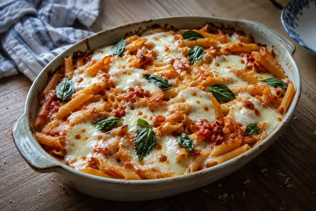 Tomaten Mozzarella Pasta in einer Auflaufform mit geschmolzenem Käse und Basilikum