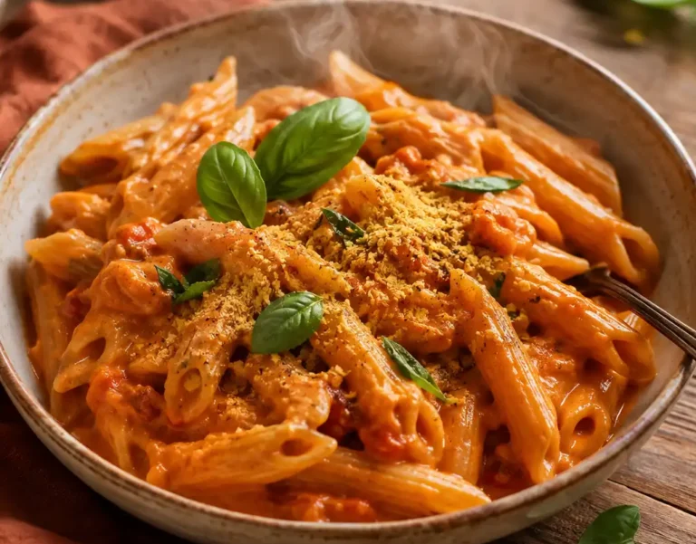 Vegane Tomaten Pasta in einer Schüssel mit Hefeflocken und Basilikum