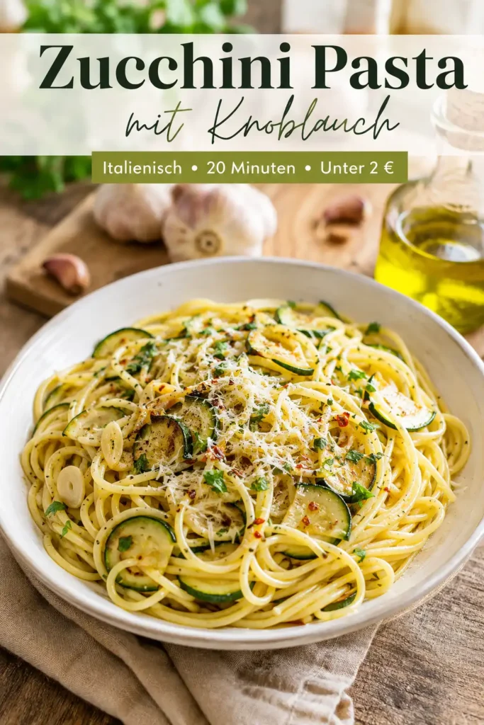Zucchini Pasta mit Knoblauch auf einem Teller mit Parmesan und Petersilie