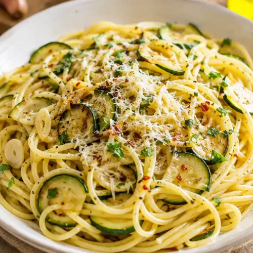 Zucchini Pasta mit Knoblauch auf einem Teller mit Parmesan und Petersilie