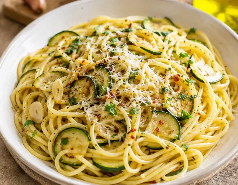 Zucchini Pasta mit Knoblauch auf einem Teller mit Parmesan und Petersilie