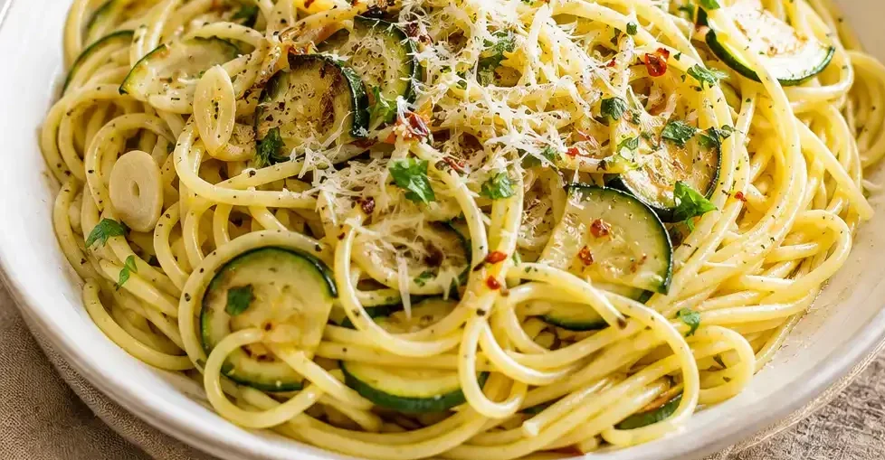 Zucchini Pasta mit Knoblauch auf einem Teller mit Parmesan und Petersilie