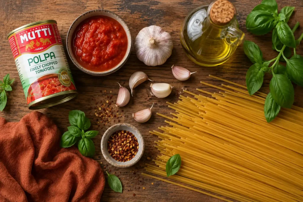 Zutaten für Knoblauch Tomaten Pasta: Tomaten, Knoblauch, Olivenöl und Spaghetti