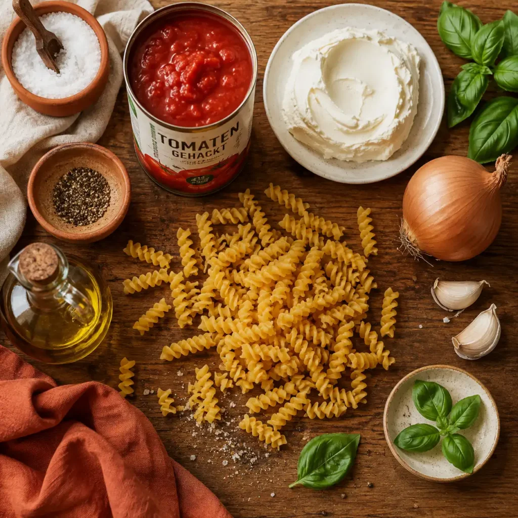 Zutaten für Tomaten Frischkäse Pasta: passierte Tomaten, Frischkäse, Zwiebel, Knoblauch und Pasta