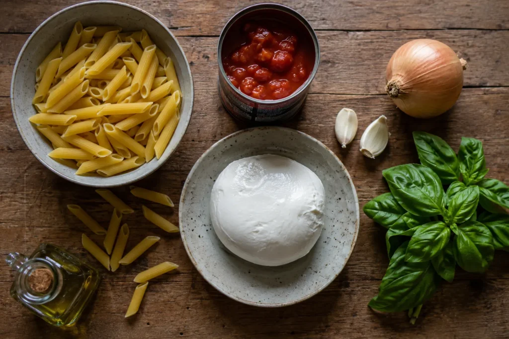 Zutaten für Tomaten Mozzarella Pasta: Mozzarella, Tomaten, Zwiebel und Penne