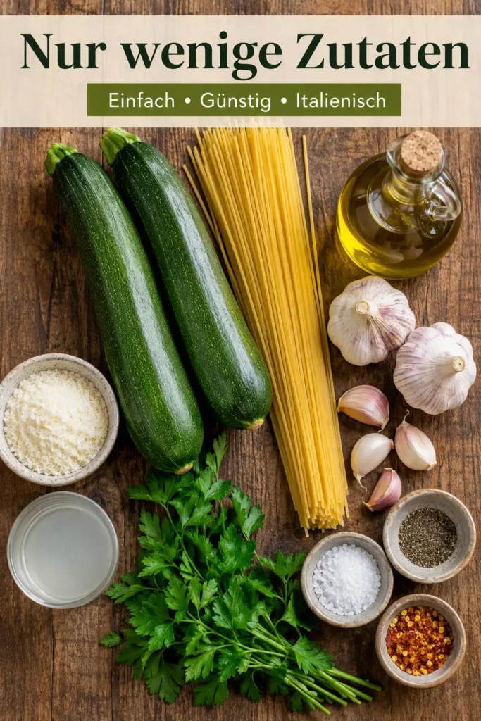 Zutaten für Zucchini Pasta mit Knoblauch auf einem Holztisch