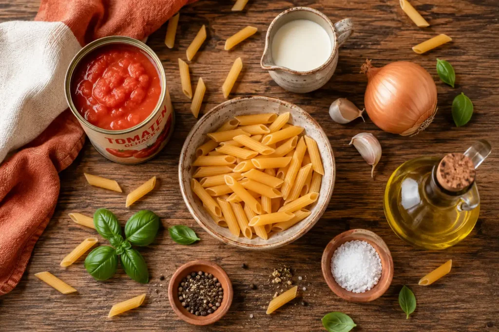 Zutaten für cremige Tomaten Pasta: passierte Tomaten, Sahne, Zwiebel, Knoblauch, Pasta, Olivenöl und Parmesan auf einer Küchenarbeitsfläche.