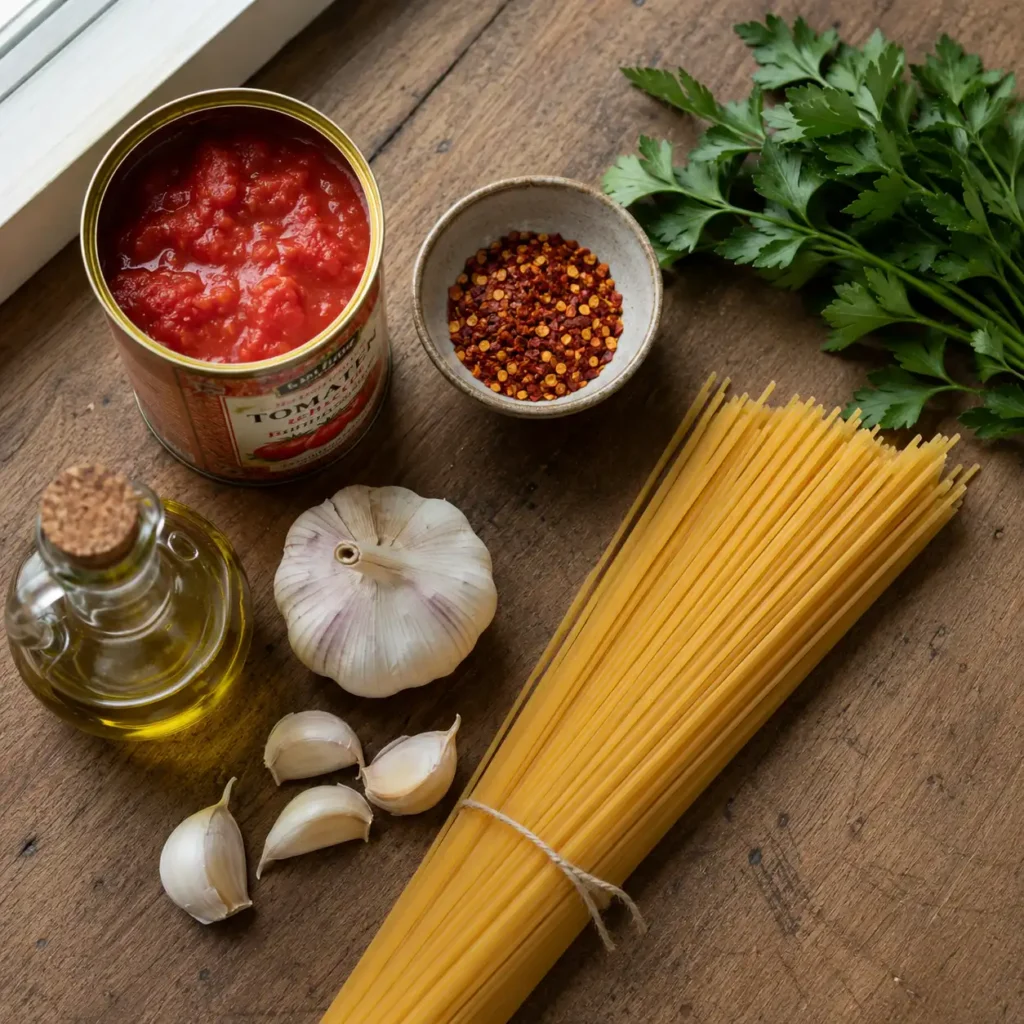 Zutaten für scharfe Tomaten Pasta: Tomaten, Chiliflocken, Knoblauch und Penne