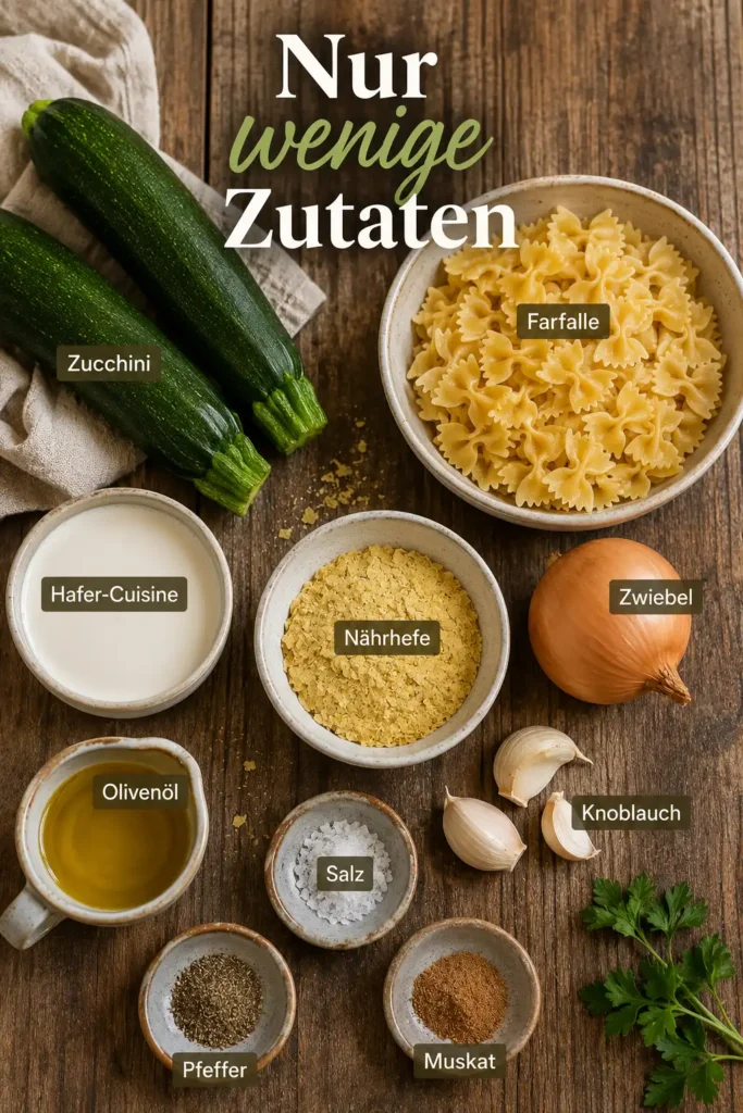 Zutaten für vegane Zucchini Pasta mit Zucchini, Hafersahne, Hefeflocken, Pasta, Zwiebel und Knoblauch.