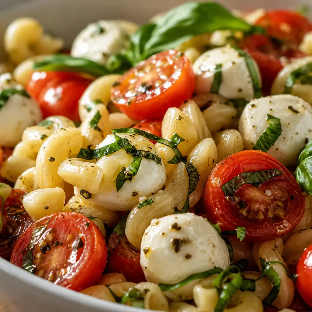 Caprese-Nudelsalat mit Mozzarella-Perlen, Kirschtomaten und frischem Basilikum