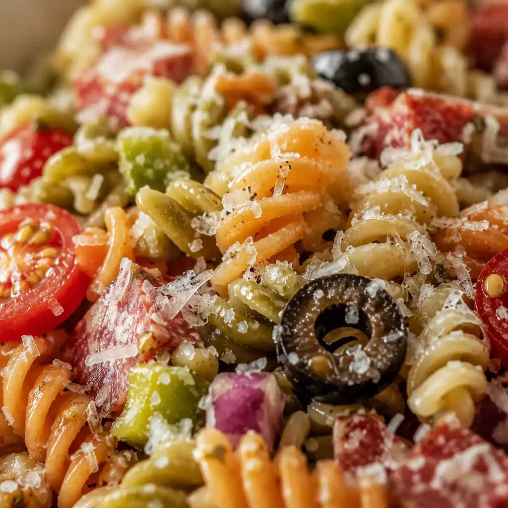 Dreifarbiger Nudelsalat mit Salami, Oliven und Parmesan in Nahaufnahme