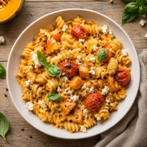 Kürbis Feta Pasta aus dem Ofen mit cremiger Kürbis-Feta-Sauce, gerösteten Kirschtomaten und frischem Basilikum