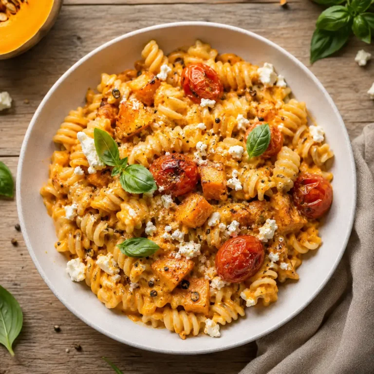 Kürbis Feta Pasta aus dem Ofen mit cremiger Kürbis-Feta-Sauce, gerösteten Kirschtomaten und frischem Basilikum