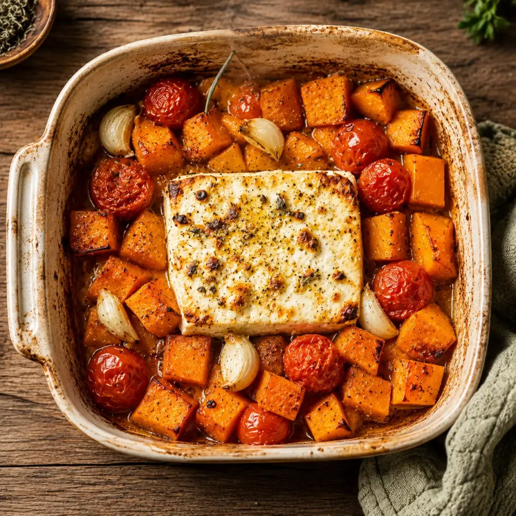 Kürbis, Feta und Kirschtomaten frisch geröstet im Ofen, bereit zum Zerdrücken für die Sauce