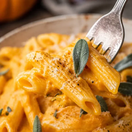 Nahaufnahme von Kürbis Pasta One Pot auf einer Gabel mit cremiger Sauce und schwarzem Pfeffer