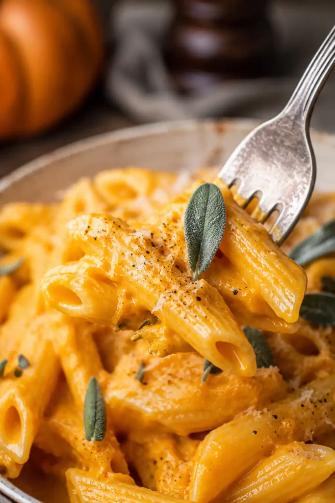 Nahaufnahme von Kürbis Pasta One Pot auf einer Gabel mit cremiger Sauce und schwarzem Pfeffer