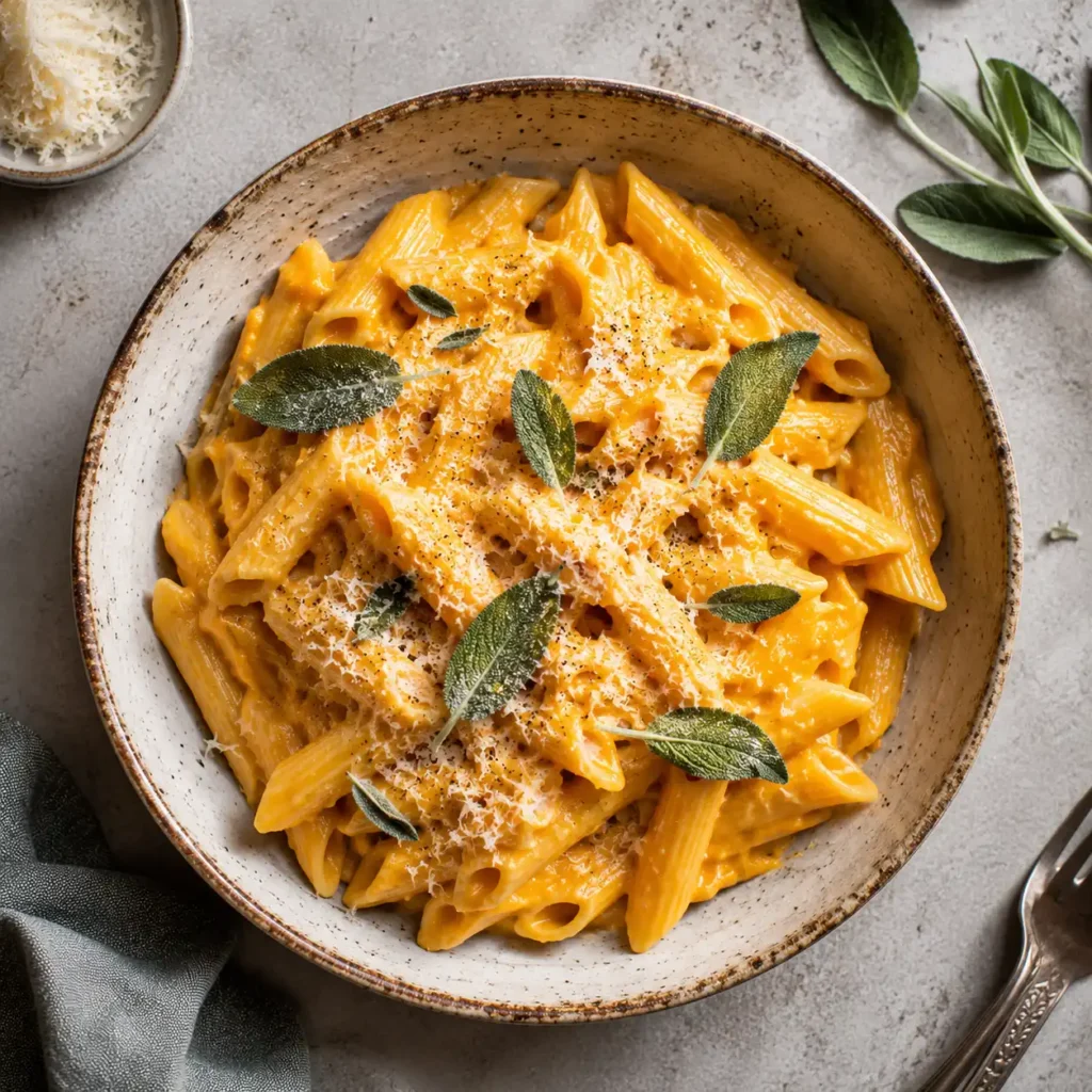 Cremige Kürbis Pasta One Pot mit Parmesan und Salbei in einer Schüssel serviert