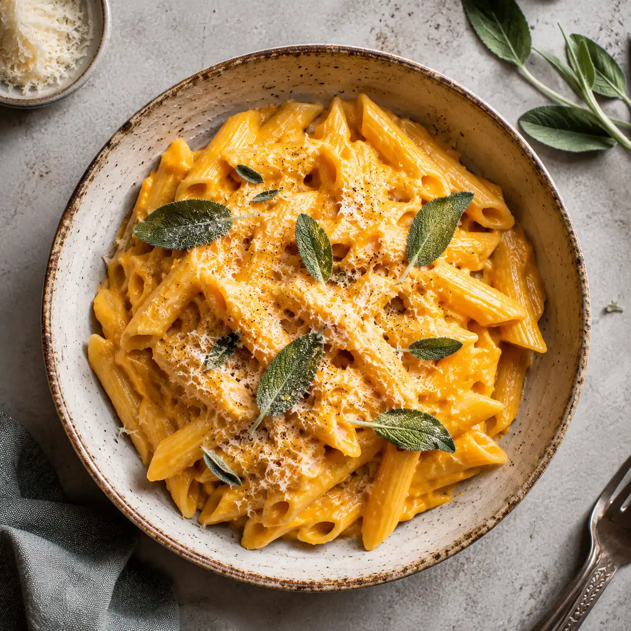 Cremige Kürbis Pasta One Pot mit Parmesan und Salbei in einer Schüssel serviert