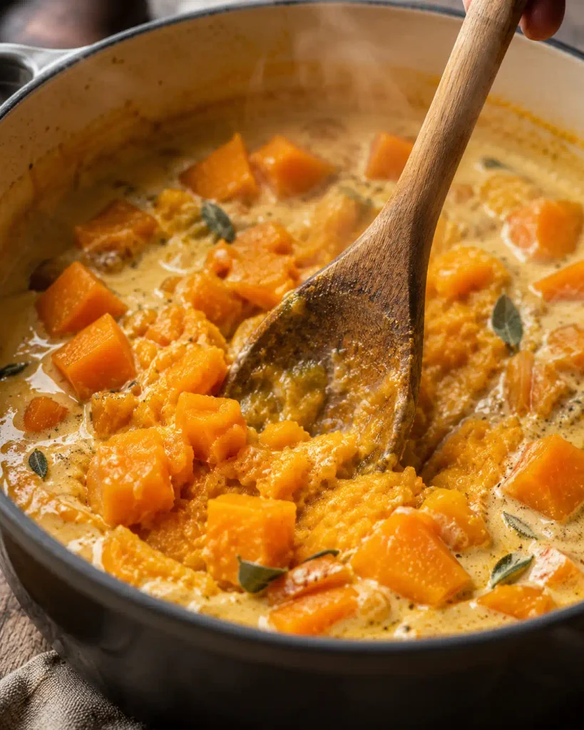 Kürbis wird direkt im Topf zerdrückt, um die Sauce für Kürbis Pasta One Pot cremig zu machen
