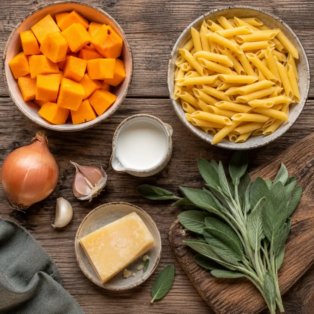 Zutaten für Kürbis Pasta One Pot: Hokkaido-Kürbis, Penne, Knoblauch, Salbei und Parmesan