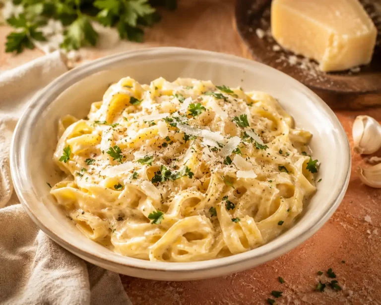 Cremige Parmesan Sauce Pasta mit frisch geriebenem Parmesan und Petersilie