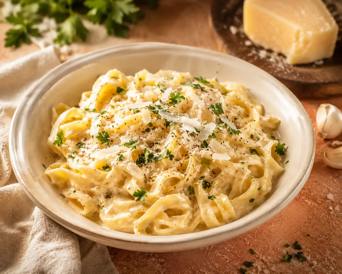 Cremige Parmesan Sauce Pasta mit frisch geriebenem Parmesan und Petersilie
